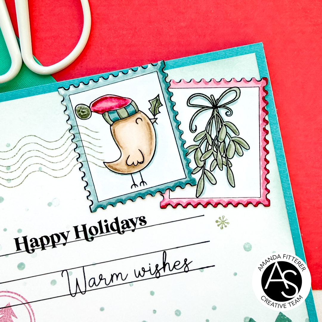 Christmas-themed stamp design with decorative elements on a white card Alex-Syberia-Designs-merry-mail-stamp-postage-die