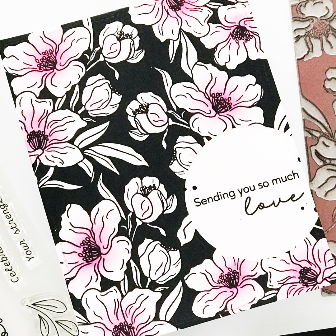 Charming Floral Background Stencil Set, Press Plate & Hot Foil Plates – Alex Syberia Designs, BetterPress System compatible, die-cutting, cardmaking supplies, tutorial available.