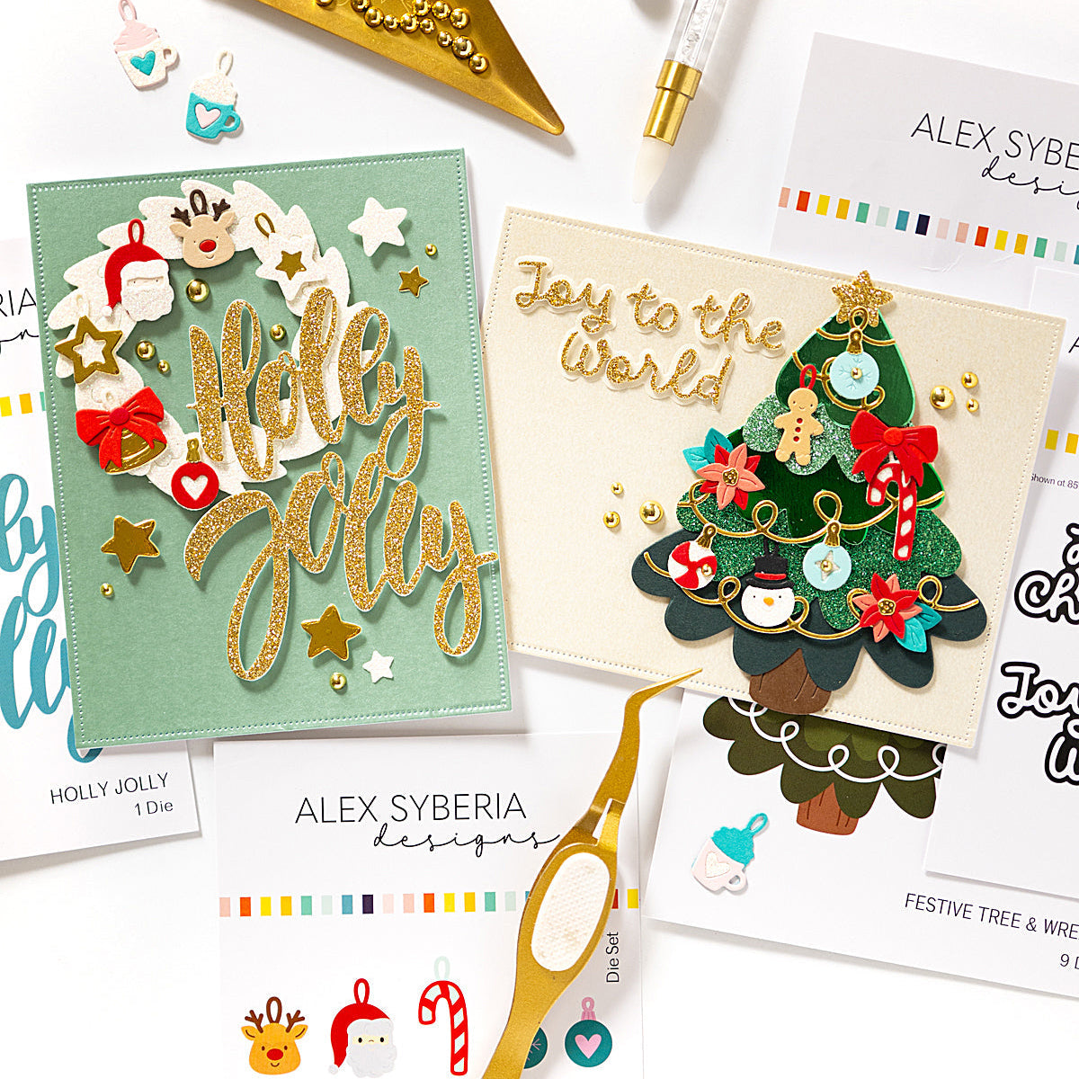 Christmas-themed cards with decorative elements background alex-syberia-designs-christmas-mini-ornaments-die-tree