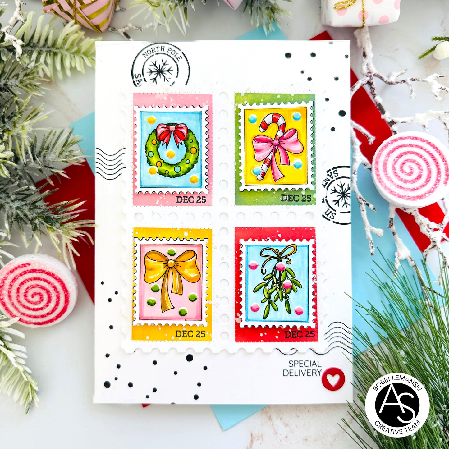 Christmas-themed stamp design with decorative elements on a white card Alex-Syberia-Designs-merry-mail-stamp-postage-die