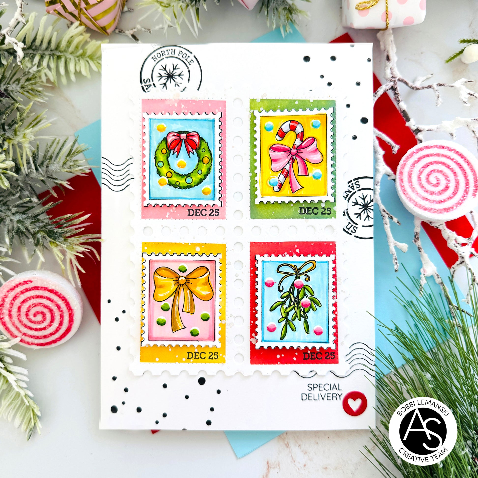 Christmas-themed stamp design with decorative elements on a white card Alex-Syberia-Designs-merry-mail-stamp-postage-die