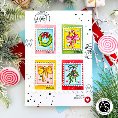 Christmas-themed stamp design with decorative elements on a white card Alex-Syberia-Designs-merry-mail-stamp-postage-die
