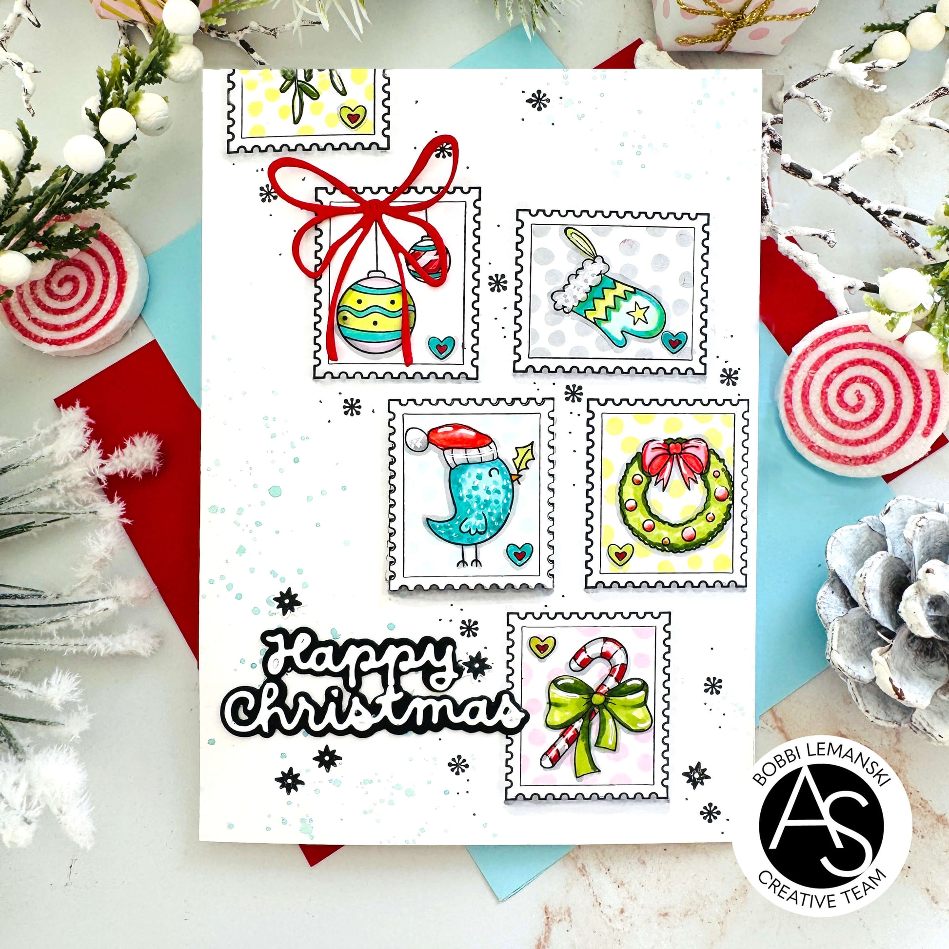 Christmas-themed card with festive illustrations and text on a snowy background Alex-Syberia-Designs merry mail stamp