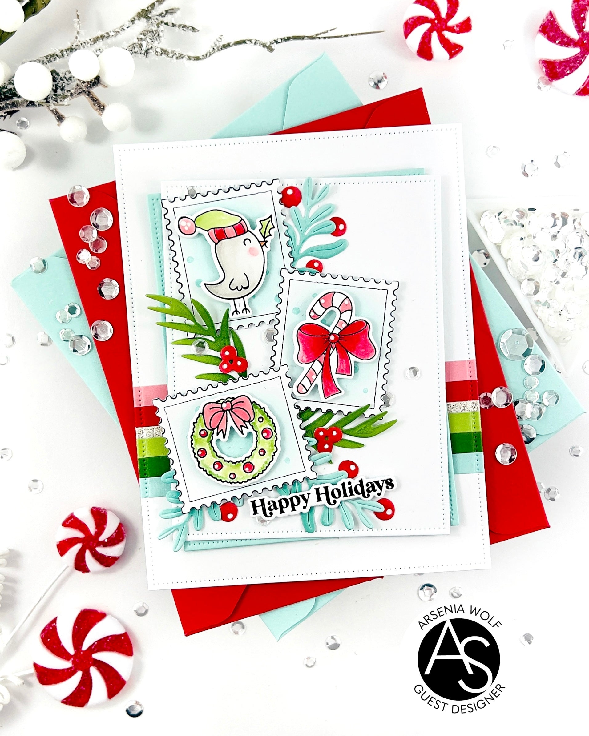 Christmas-themed stamp design with decorative elements on a white card Alex-Syberia-Designs-merry-mail-stamp-postage-die