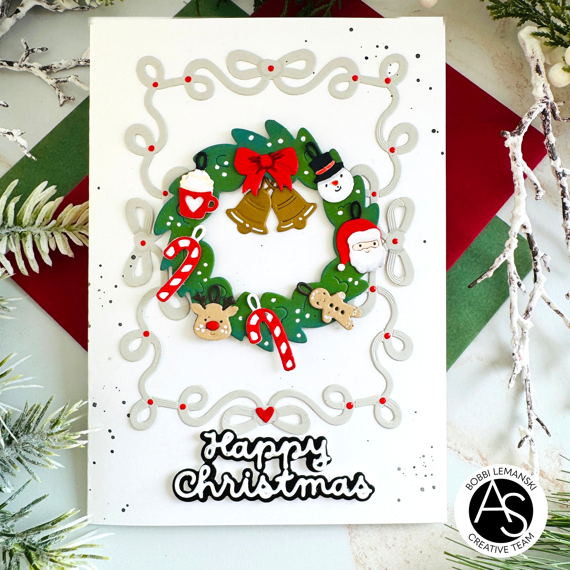 Christmas-themed card with festive illustrations and text on a snowy background Alex-Syberia-Designs merry mail stamp-bow-ho-frame