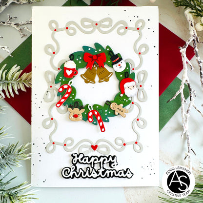 Christmas-themed card with festive illustrations and text on a snowy background Alex-Syberia-Designs merry mail stamp-bow-ho-frame