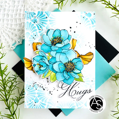 Greeting card with blue flowers and 'Hugs'  on a decorative background - Alex Syberia Designs