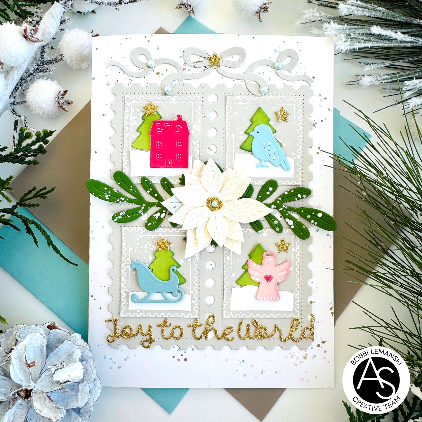 Christmas-themed gift boxes with decorative ribbons and text on a festive background.Alex_Syberia_Christmas_Cracker_die and christmas Jokes stamp