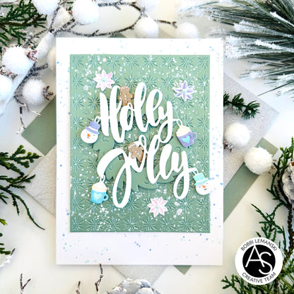 Christmas-themed card with festive illustrations and text on a snowy background Alex-Syberia-Designs merry mail stamp