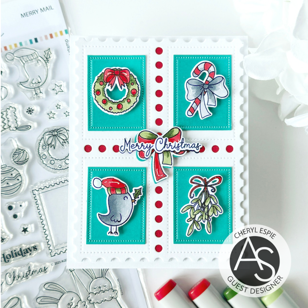 Christmas-themed card with festive illustrations and text on a snowy background Alex-Syberia-Designs merry mail stamp