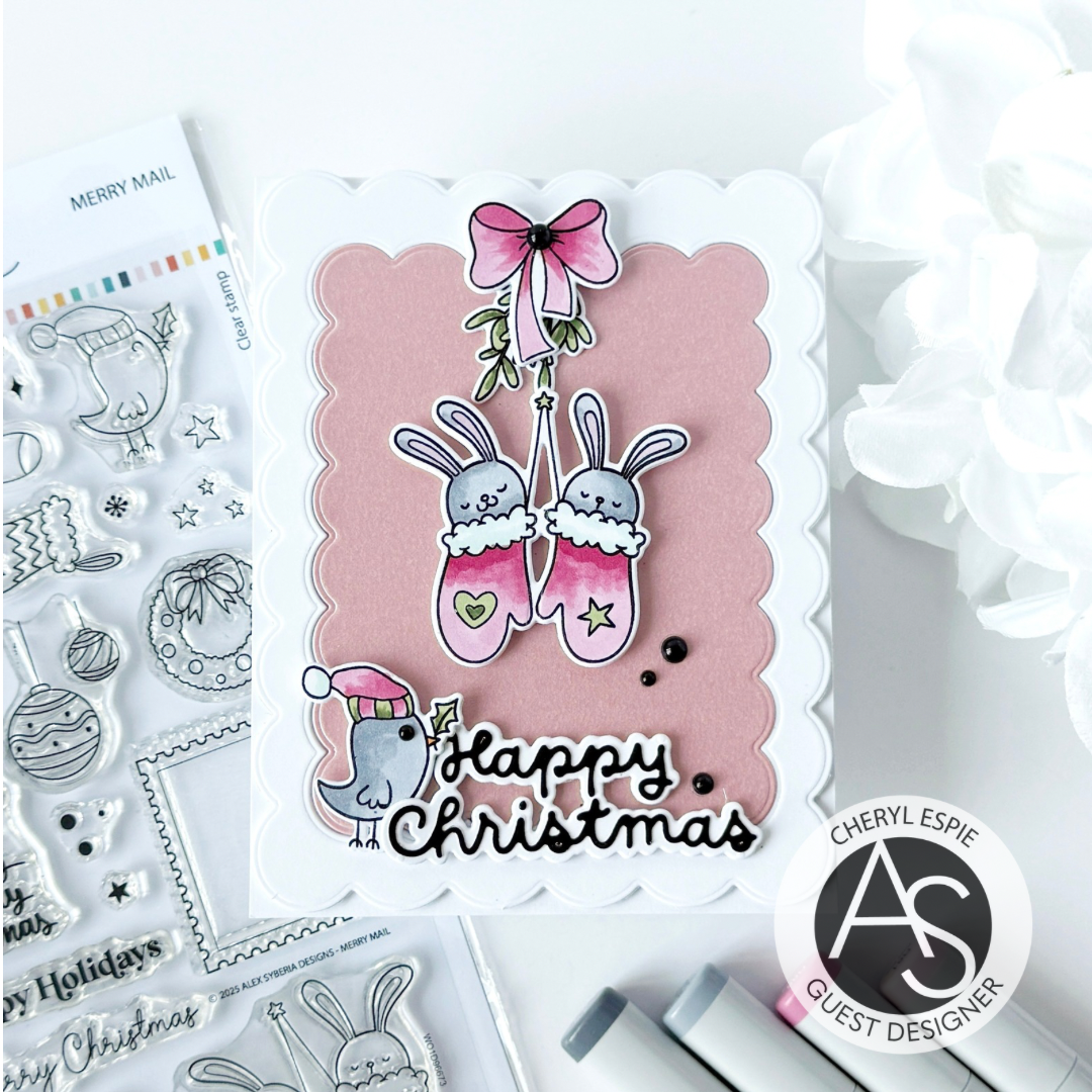 Christmas-themed card with festive illustrations and text on a snowy background Alex-Syberia-Designs merry mail stamp