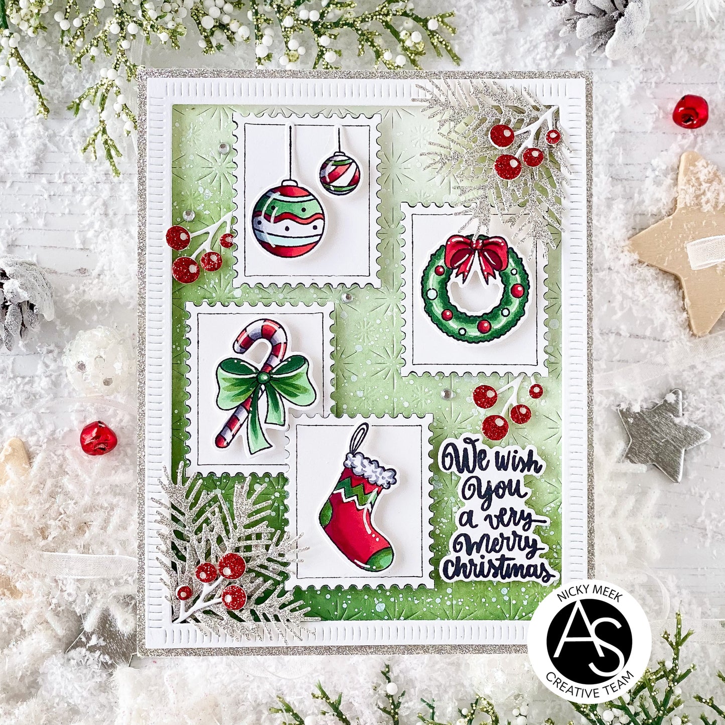 Christmas-themed card with festive illustrations and text on a snowy background Alex-Syberia-Designs merry mail stamp