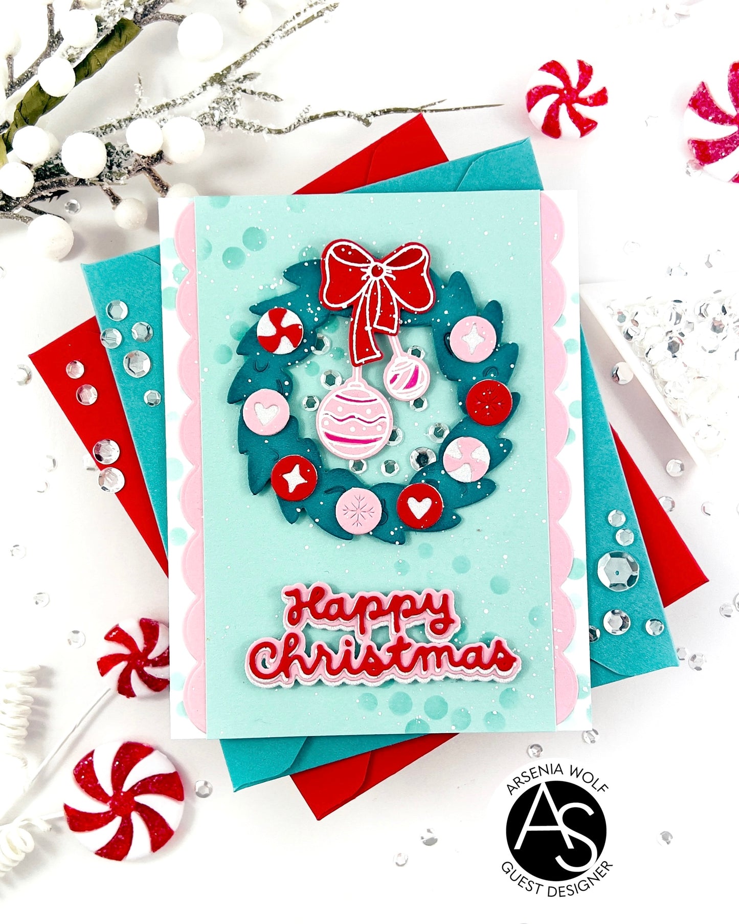 Christmas-themed gift boxes with decorative ribbons and text on a festive background.Alex_Syberia_Christmas_Cracker_die and christmas Jokes stamp