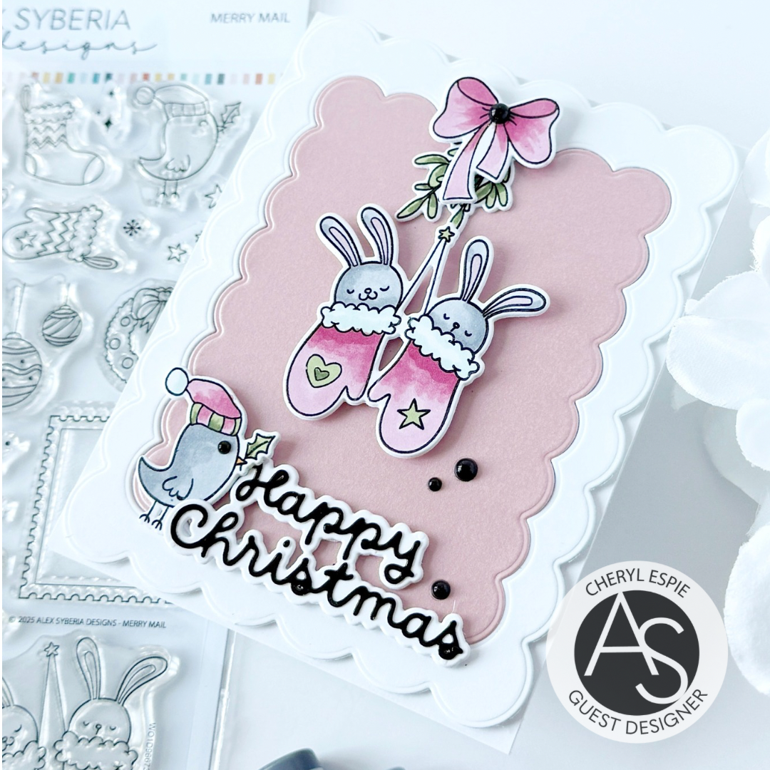 Christmas-themed card with bunnies and 'Happy Christmas' text, featuring Syberia Designs branding.