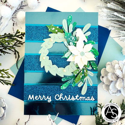 Christmas-themed gift boxes with decorative ribbons and text on a festive background.Alex_Syberia_Christmas_Cracker_die and christmas Jokes stamp-glitter-cardstock