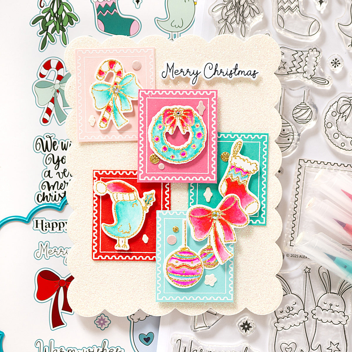 Set of Christmas-themed stamps and dies with decorative elements on a white background.