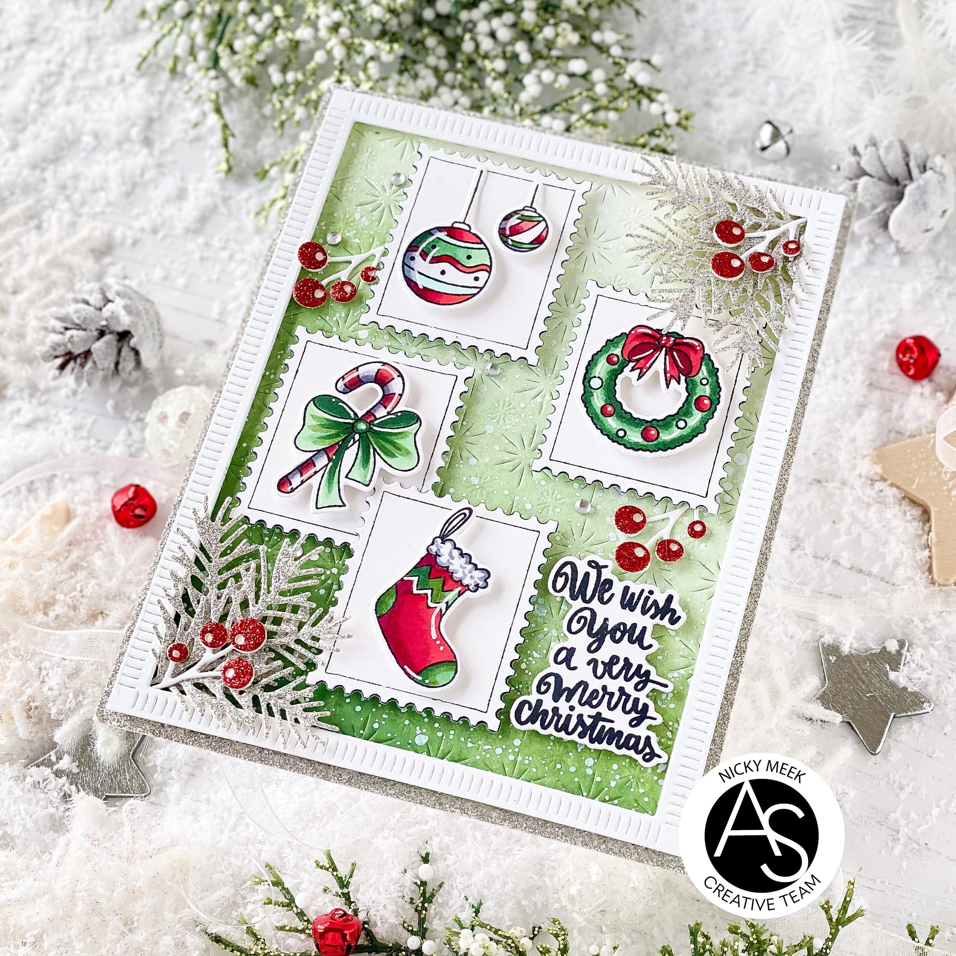 Christmas-themed stamp design with decorative elements on a white card Alex-Syberia-Designs-merry-mail-stamp-postage-die