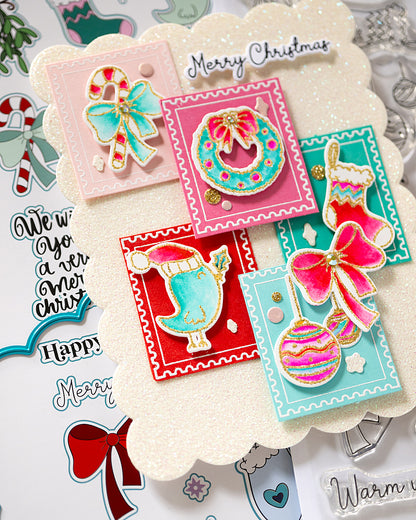 Christmas-themed stamp design with decorative elements on a white card Alex-Syberia-Designs-merry-mail-stamp-postage-die