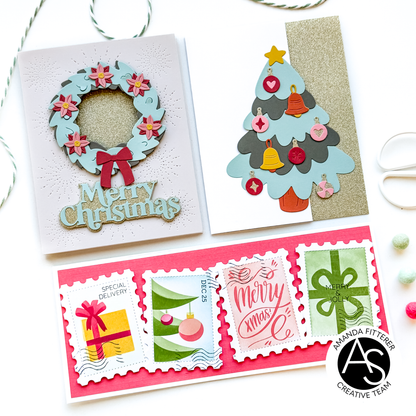 Christmas-themed card with festive illustrations and text on a snowy background Alex-Syberia-Designs merry mail stamp