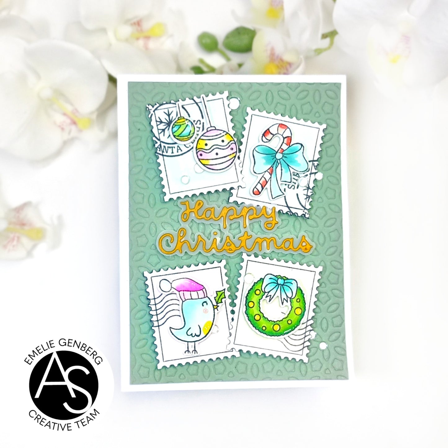 Christmas-themed stamp design with decorative elements on a white card Alex-Syberia-Designs-merry-mail-stamp-postage-die