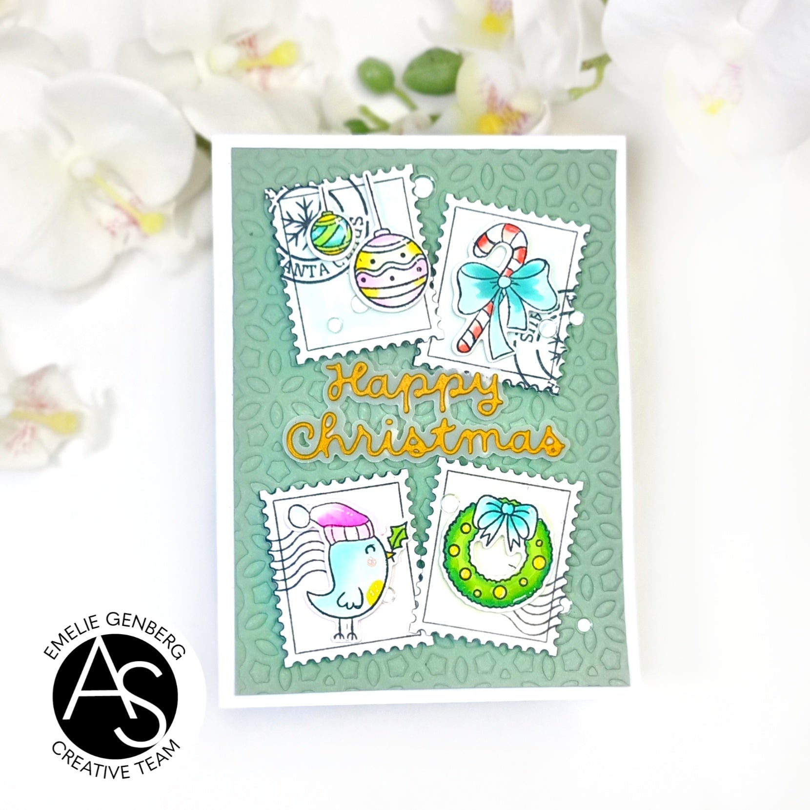 Christmas-themed stamp design with decorative elements on a white card Alex-Syberia-Designs-merry-mail-stamp-postage-die