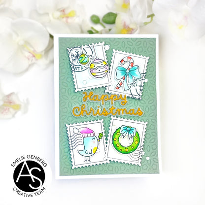 Christmas-themed stamp design with decorative elements on a white card Alex-Syberia-Designs-merry-mail-stamp-postage-die