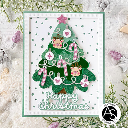 Christmas-themed card with festive illustrations and text on a snowy background Alex-Syberia-Designs merry mail stamp-stars