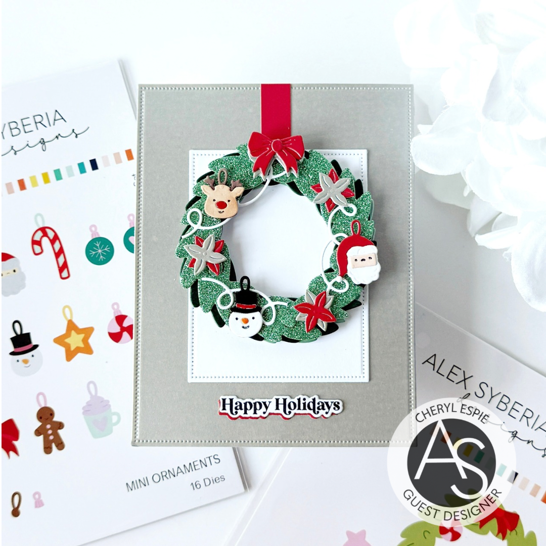 Christmas-themed card with festive illustrations and text on a snowy background Alex-Syberia-Designs merry mail stamp
