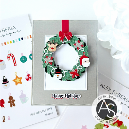 Christmas-themed card with festive illustrations and text on a snowy background Alex-Syberia-Designs merry mail stamp